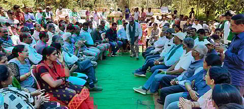 Villagers alongside members from various organisations discuss the plan of action for the protests (Photo | Special arrangement)