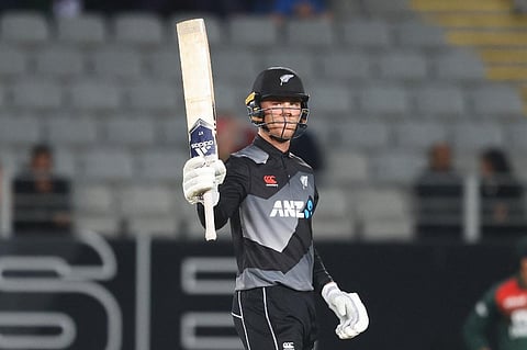 New Zealand's Finn Allen celebrates reaching a half-century during match against Bangladesh in Auckland on April 1, 2021.(Photo | AFP)