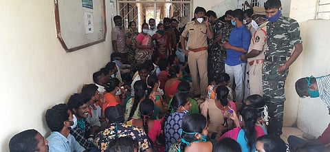 Outsourced staff of MGM Hospital during their indefinite strike in Warangal on Thursday. (Photo | Express)