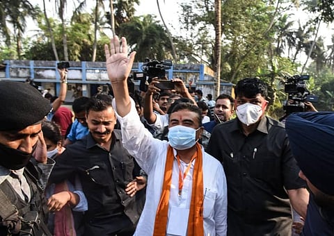 Mamata Banerjee's contestant Suvendu Adhikari, after casting his vote in Nandigram. (Photo | EPS)