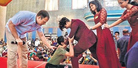 Rahul Gandhi demonstrating Aikido moves to St Theresa’s students | FILE PIC