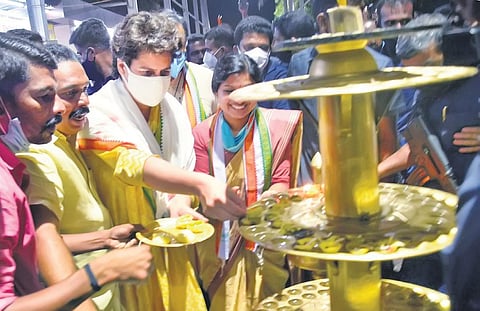 Congress leader Priyanka Gandhi lights the lamp at Attukal Bhagavathy temple in T’Puram on Tuesday | Vincent Pulickal