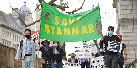 Protesters march in Westminster, demonstrating against the Feb. 1 coup in Myanmar which ousted Aung San Suu Kyi's elected government. (Photo | AP)
