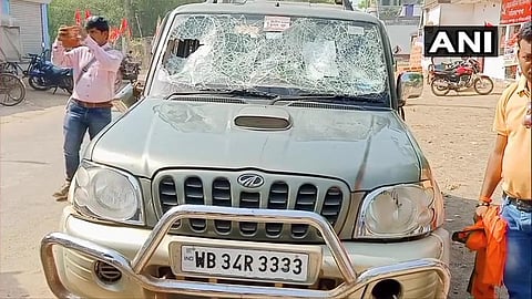 Local BJP leader Tanmay Ghosh's car vandalised in Keshpur. (Photo | ANI)