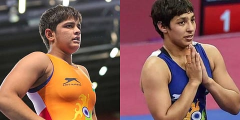 Indian female wrestlers Sonam Malik (L) and Anshu Malik. (Photo| Twitter/ @Media_SAI)