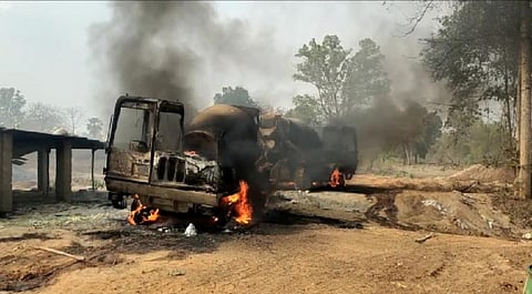 The vehicle that was set on fire in Bijapur. (Photo | Express)