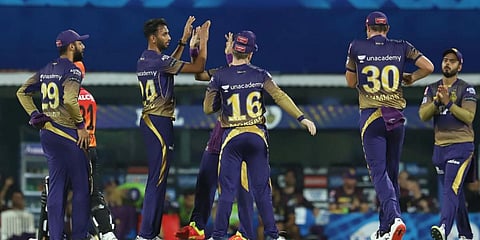 Prasidh Krishna of Kolkata Knight Riders celebrates the wicket of David Warner of Sunrisers Hyderabad during match held at M. A. Chidambaram Stadium, Chennai on 11 April 2021. (Photo | IPLT20/BCCI)
