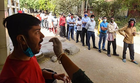 A medic collects swab samples for COVID-19 tests at Civil Hospital, as coronavirus cases surge across the country, at Civil Hospital in Gurugram. (Photo | PTI)