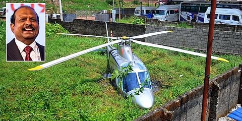 The helicopter carrying businessman Yusuffali M A, his wife and others that landed in a marshy land at Panangad in Kochi on Sunday | A Sanesh