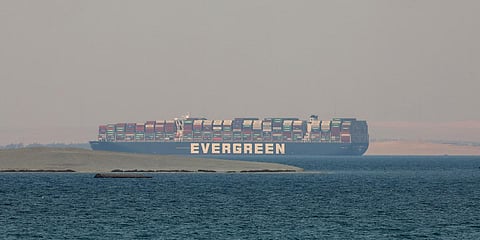 MV Ever Given, a Panama-flagged cargo ship, is seen in Egypt's Great Bitter Lake. (File photo| AP)