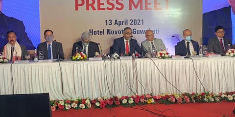 NRL chairman Sushil Chandra Mishra and MD SK Barua address a press conference. (Photo| Special Arrangement)