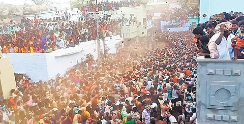 Villagers of Kairuppala in Aspari mandal fighting with cow dung cakes as part of Nuggulata during Ugadi celebrations on Wednesday.