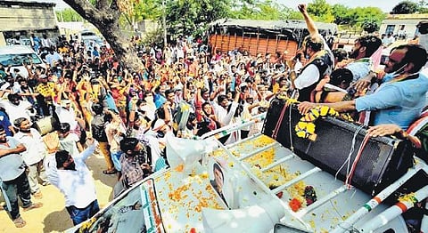 TPCC president and Nalgonda MP Uttam Kumar Reddy campaigns for the Nagarjuna Sagar byelection on Wednesday.