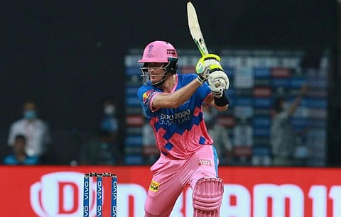 Chris Morris of Rajasthan Royals plays a shot during match against Delhi Capitals held at the Wankhede Stadium Mumbai on the 15th April 2021. (Photo | IPLT20)