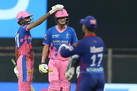Rajasthan Royals players celebrate their win in the Indian Premier League cricket match against Delhi Capitals. (Photo | PTI)