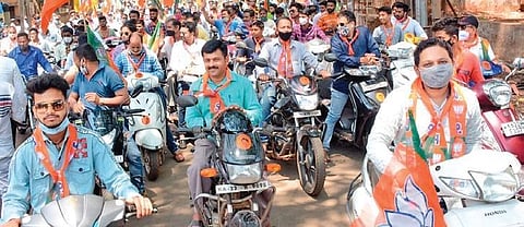 BJP workers take out a bike rally in Belagavi on Thursday | EXPRESS