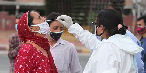 A health worker collects a swab sample of a woman to test for COVID- 19 at a market in Jammu. (Photo| AP)