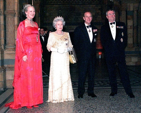 In this Thursday Feb. 17, 2000, file photo, Queen Margrethe of Denmark, Britain's Queen Elizabeth II, Prince Philip and Prince Henrik, from left, welcome guests to a reception. (File Photo | AP)