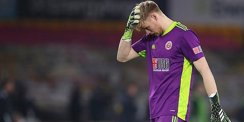 Sheffield United goalkeeper Aaron Ramsdale reacts after the EPL match against Wolves at the Molineux Stadium in Wolverhampton. (Photo | AP)