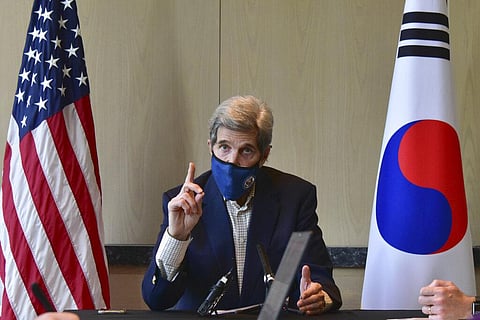 U.S. special envoy for climate John Kerry speaks during a round table meeting with the media in Seoul, South Korea. (Photo | AP)