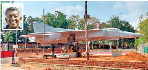 Finishing touches are being given to MIG 27 which has been installed at the Loyola School, Thiruvananthapuram. (Inset) Wing Commander N R Kanthy (Retd)