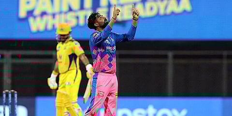 Rahul Tewatia of Rajasthan Royals celebrates the wicket of Moeen Ali of Chennai Super Kings during an IPL 2021 match in Mumbai. (Photo| ANI)