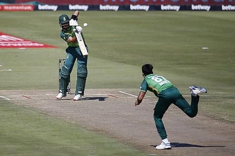 South Africa's Aiden Markram (L) plays a shot from a ball delivered by Pakistan's Mohammad Hasnain (R) during the first ODI (Photo | AFP)