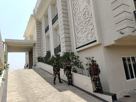 Security personnel at Stalin's daughter Senthamarai's house where I-T raids are underway. (Photo | Aditheesh Murali, EPS)
