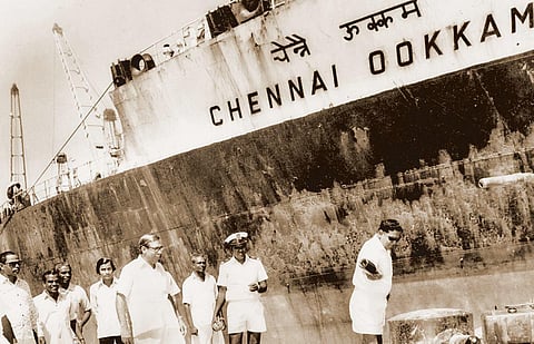 PSTS. Thiraviaratnam , overseeing the very first vessel MV Chennai OOKKAM, at new port of Tuticorin in 1975