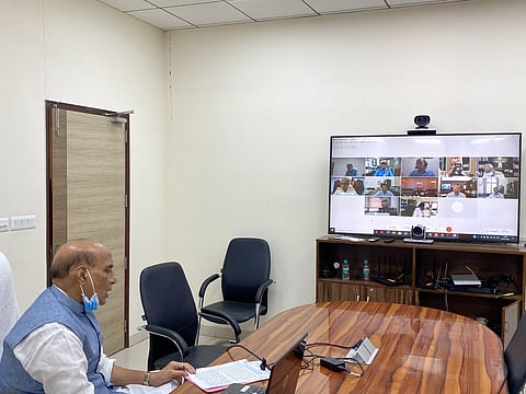 Defence Minister Rajnath Singh holds a virtual meeting to review the preparedness of Ministry of Defence and Armed Forces. (Photo | Twitter/Defence Ministry)