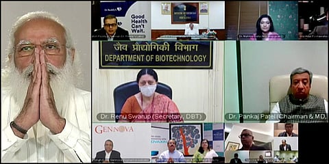 Prime Minister Narendra Modi (L) interacts with vaccine manufacturers in the country. (Photo| ANI)