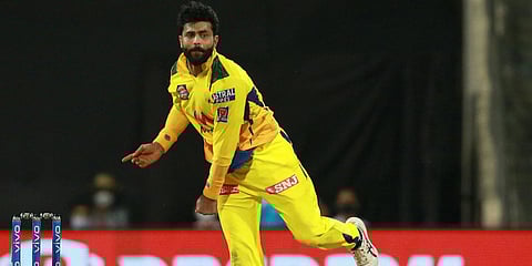Ravindra Jadeja of Chennai Super Kings bowls during an IPL 2021 match vs Rajasthan Royals. (Photo| ANI)