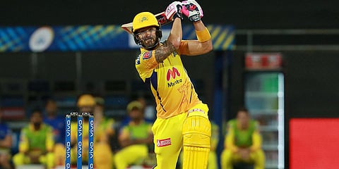 Chennai Super Kings' Faf duPlessis scores a boundary during an IPL 2021 match against Kolkata Knight Riders. (Photo| Twitter/ @IPL)