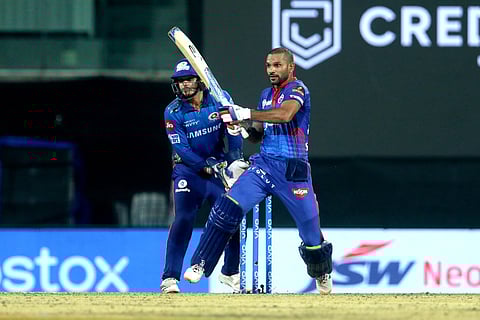 Shikhar Dhawan of Delhi Capitals plays a shot during match 13 of the Indian Premier League 2021.(Photo | PTI)