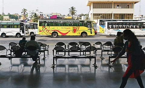 File photo of a few commuters stranded at Mysuru Road Satellite Bus Stand due to the transport strike in Bengaluru on Friday | Shriram BN