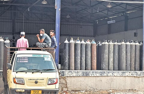 As oxygen becomes a pricey commodity, stocks have dried up at a distribution plant at Jalpally on the outskirts of Hyderabad. Several hundred cylinders lay empty as distributors are yet to receive sto