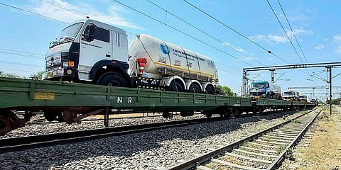 Oxygen tankers loaded on a train wagon (Photo | PTI)