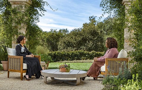 Meghan, Duchess of Sussex speaking with Oprah Winfrey during an interview. (Photo | AP)