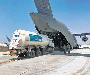 An oxygen container truck being loaded on to an IAF C-17 Globemaster heavylift transport aircraft | PTI