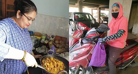Anupama Singh, and Neelima Singh have been delivering free food packets to covid-infected patients who are self isolating in their homes. (Photo | Special arrangement)