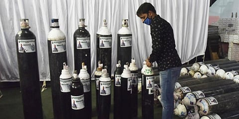 Oxygen cylinders arranged by Hyderabad MP Asaduddin Owaisi being readied for distribution. (Photo| Vinay Madapu, EPS)