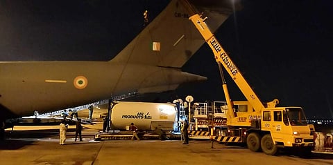 Cryogenic tanks being airlifted from Bangkok airport by the Indian Air Force. (Photo| Twitter/ @AdaniOnline)