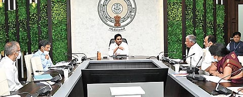 Chief Minister YS Jagan Mohan Reddy during ‘Jagananna Swachha Sankalpam’ programme at CM’s camp office in Tadepalli on Thursday I Express