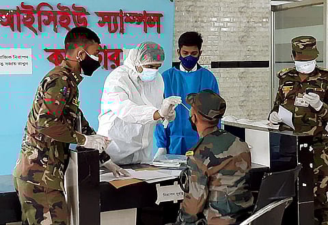 Indian Army personnel being tested for COVID-19. (Photo | ANI)