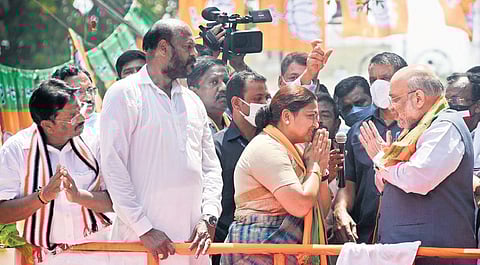 Union Home Minister Amit Shah on a campaign rally canvassing votes for BJP’s Thousand Lights candidate Khusbu in Chennai on Saturday | R Satish Babu