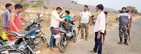 Special police forces conduct vehicle checks in Eturunagaram mandal of Mulugu district on Monday
