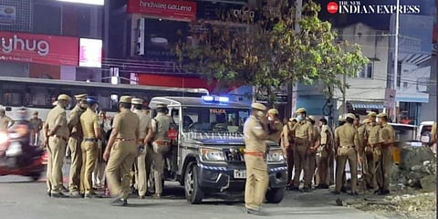 Police deployed at Velachery Taramani High Road after a unknown person took three vote counting machines from a election booth at Velachery. (Photo I EPS)