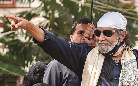 BJP leader Mithun Chakraborty during a roadshow in support of party candidate Babul Supriyo, ahead of the fourth phase of West Bengal Assembly Polls, in Kolkata, Thursday, April 8, 2021. (Photo | PTI)