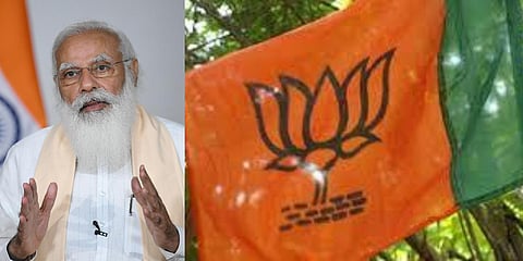 PM Narendra Modi (L) and BJP flag (File photo| ANI)