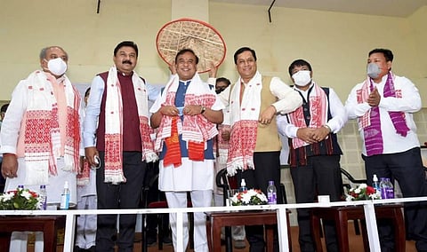 BJP along with the alliance AGP and UPPL held a meeting where Himanta Biswa Sarma was unanimously elected as the leader of legislative party. (Photo | PTI)